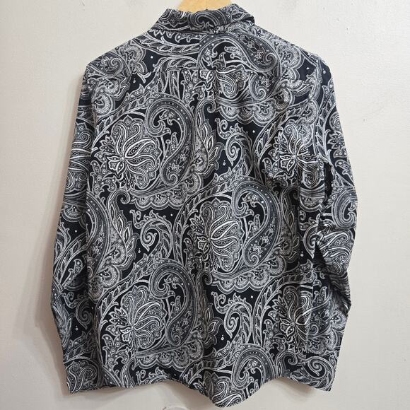 Lauren Ralph Lauren Women Boho Chic Black White Paisley Non-Iron Button-Up Top L - Picture 6 of 11